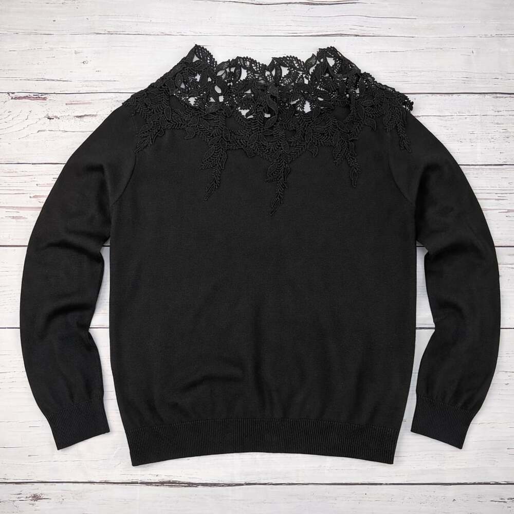 Black Lace Yoke Knit Sweater Long Sleeve Size L